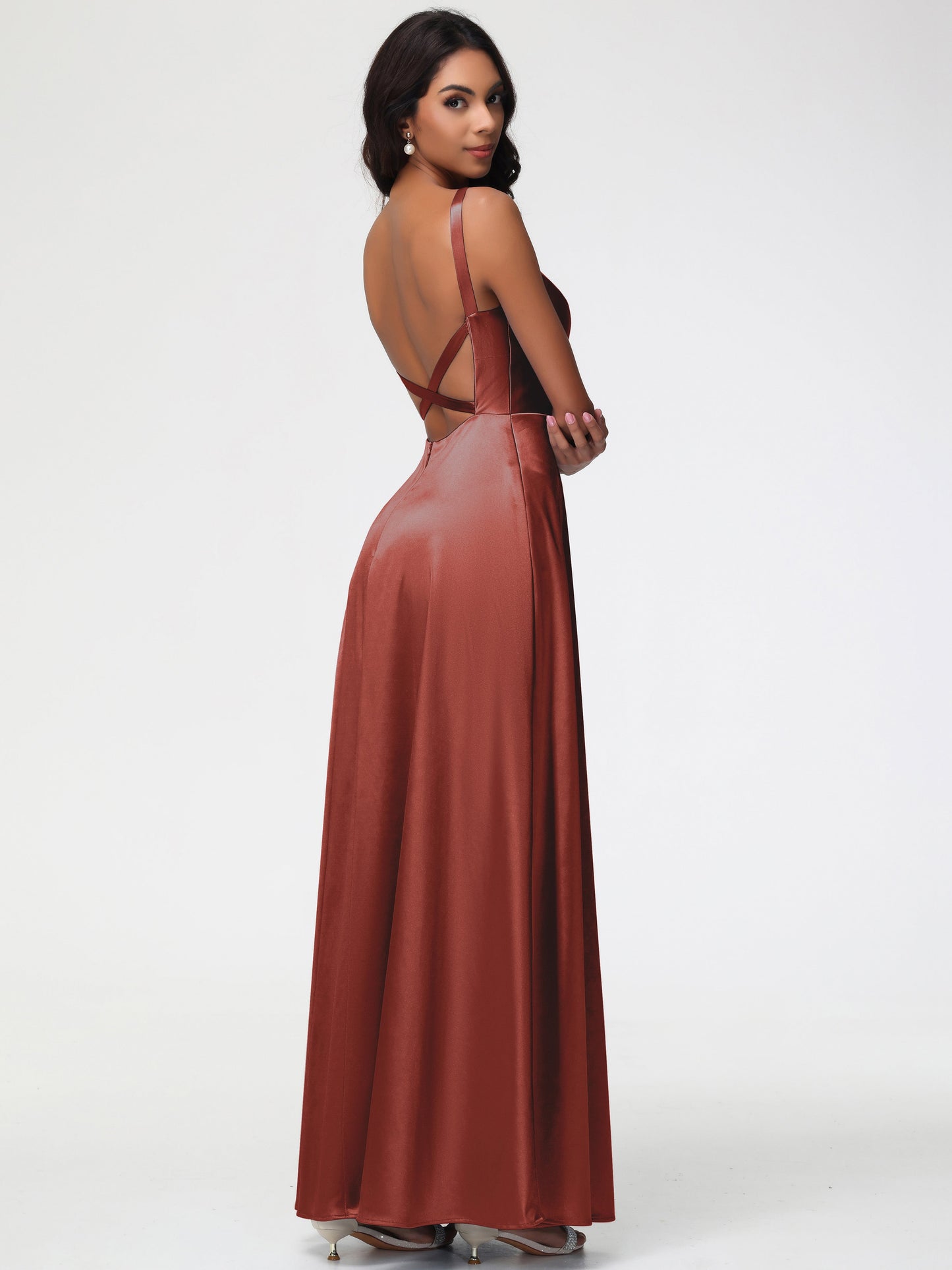 Rust Bridesmaid Dresses A-Line V-Neck Straps Long Stretch Satin Bridesmaid Dresses With Split