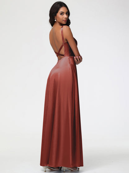 Rust Bridesmaid Dresses A-Line V-Neck Straps Long Stretch Satin Bridesmaid Dresses With Split