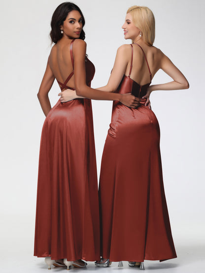 Rust Bridesmaid Dresses A-Line V-Neck Straps Long Stretch Satin Bridesmaid Dresses With Split