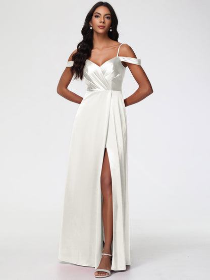 Ivory Bridesmaid Dresses A-Line V-Neck Off The Shoulder Long Stretch Satin Bridesmaid Dresses With Split