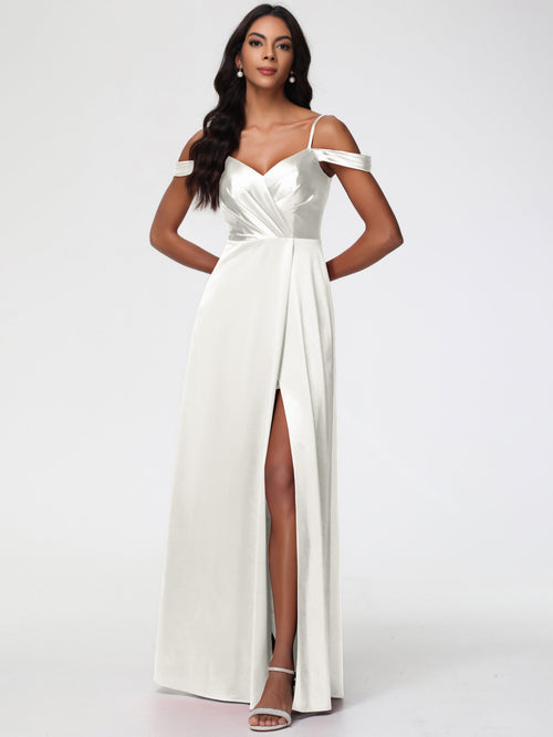 Ivory Bridesmaid Dresses A-Line V-Neck Off The Shoulder Long Stretch Satin Bridesmaid Dresses With Split
