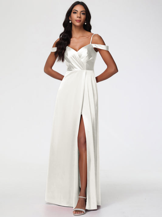 Ivory Bridesmaid Dresses A-Line V-Neck Off The Shoulder Long Stretch Satin Bridesmaid Dresses With Split