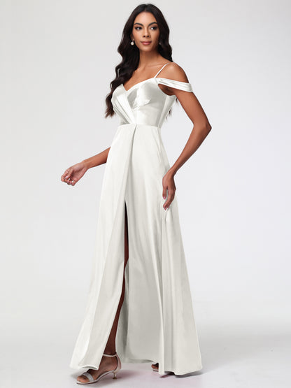Ivory Bridesmaid Dresses A-Line V-Neck Off The Shoulder Long Stretch Satin Bridesmaid Dresses With Split
