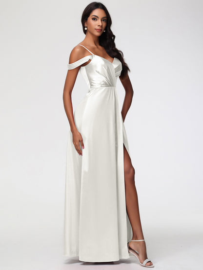 Ivory Bridesmaid Dresses A-Line V-Neck Off The Shoulder Long Stretch Satin Bridesmaid Dresses With Split