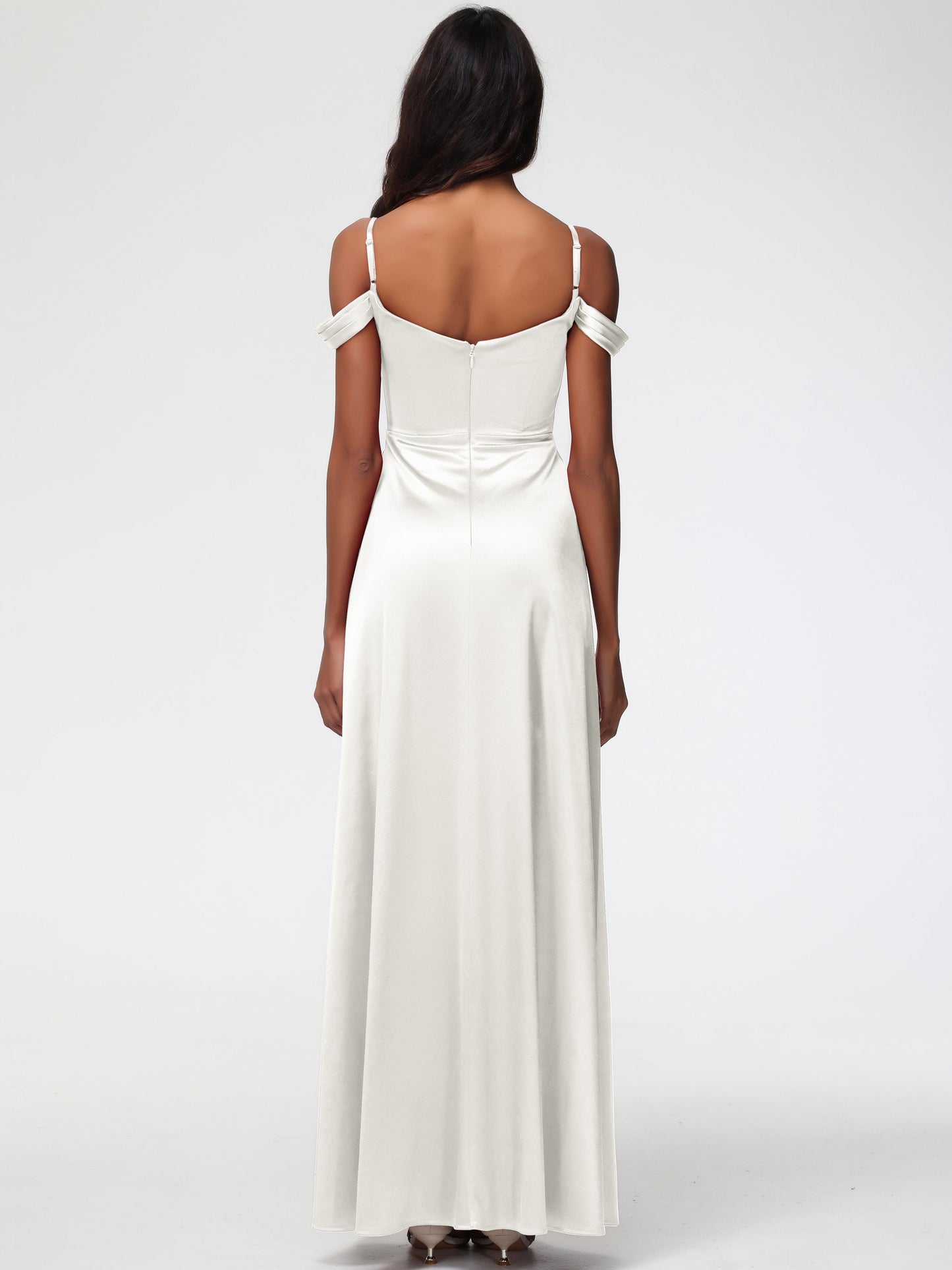 Ivory Bridesmaid Dresses A-Line V-Neck Off The Shoulder Long Stretch Satin Bridesmaid Dresses With Split