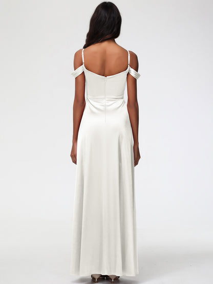 Ivory Bridesmaid Dresses A-Line V-Neck Off The Shoulder Long Stretch Satin Bridesmaid Dresses With Split