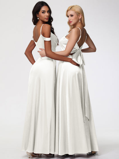Ivory Bridesmaid Dresses A-Line V-Neck Off The Shoulder Long Stretch Satin Bridesmaid Dresses With Split