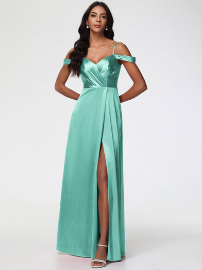Mint Green Bridesmaids Dresses A-Line V-Neck Off The Shoulder Long Stretch Satin Bridesmaid Dresses With Split