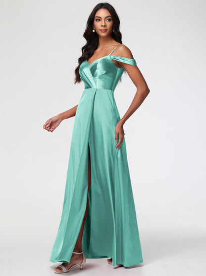 Mint Green Bridesmaids Dresses A-Line V-Neck Off The Shoulder Long Stretch Satin Bridesmaid Dresses With Split