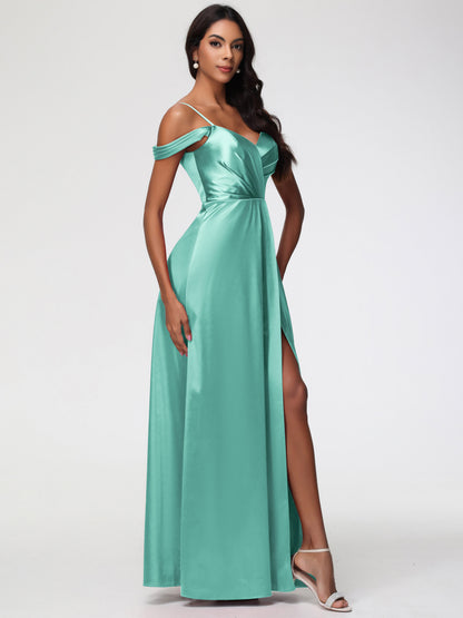Mint Green Bridesmaids Dresses A-Line V-Neck Off The Shoulder Long Stretch Satin Bridesmaid Dresses With Split