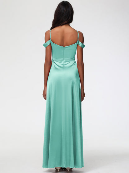 Mint Green Bridesmaids Dresses A-Line V-Neck Off The Shoulder Long Stretch Satin Bridesmaid Dresses With Split