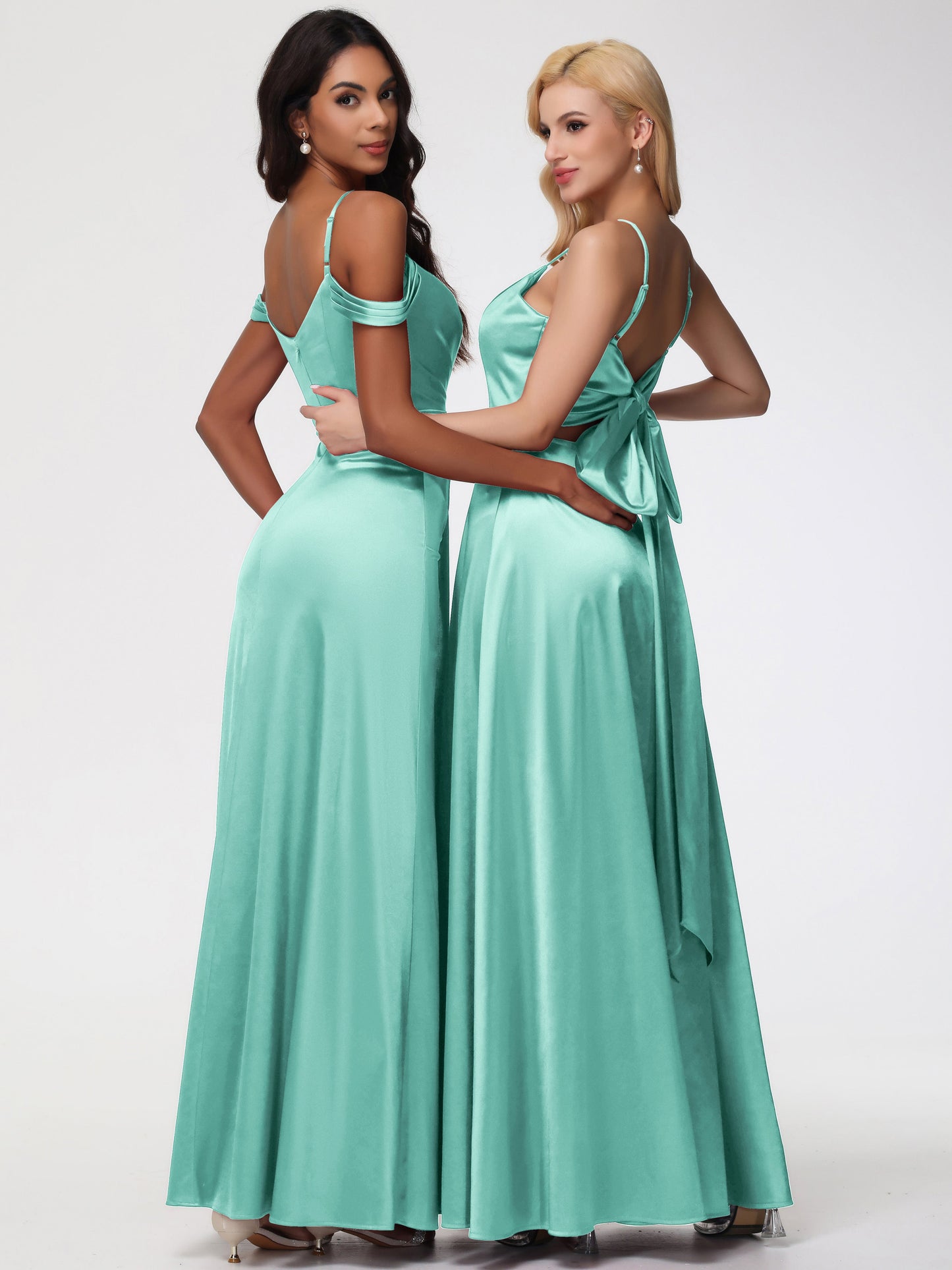 Mint Green Bridesmaids Dresses A-Line V-Neck Off The Shoulder Long Stretch Satin Bridesmaid Dresses With Split