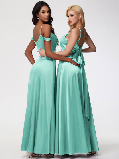 Mint Green Bridesmaids Dresses A-Line V-Neck Off The Shoulder Long Stretch Satin Bridesmaid Dresses With Split