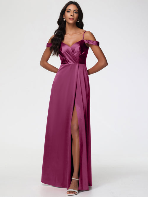 Mulberry Colour Bridesmaid Dresses A-Line V-Neck Off The Shoulder Long Stretch Satin Bridesmaid Dresses With Split