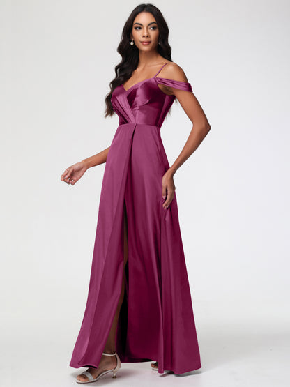 Mulberry Colour Bridesmaid Dresses A-Line V-Neck Off The Shoulder Long Stretch Satin Bridesmaid Dresses With Split