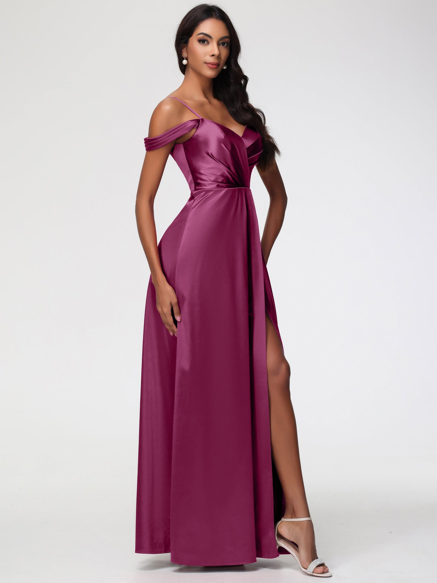 Mulberry Colour Bridesmaid Dresses A-Line V-Neck Off The Shoulder Long Stretch Satin Bridesmaid Dresses With Split