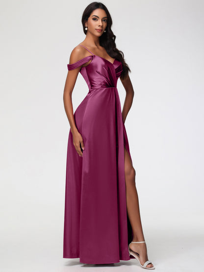 Mulberry Colour Bridesmaid Dresses A-Line V-Neck Off The Shoulder Long Stretch Satin Bridesmaid Dresses With Split
