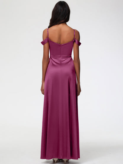 Mulberry Colour Bridesmaid Dresses A-Line V-Neck Off The Shoulder Long Stretch Satin Bridesmaid Dresses With Split