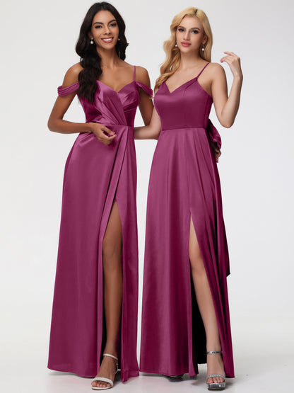 Mulberry Colour Bridesmaid Dresses A-Line V-Neck Off The Shoulder Long Stretch Satin Bridesmaid Dresses With Split