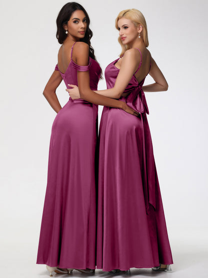 Mulberry Colour Bridesmaid Dresses A-Line V-Neck Off The Shoulder Long Stretch Satin Bridesmaid Dresses With Split