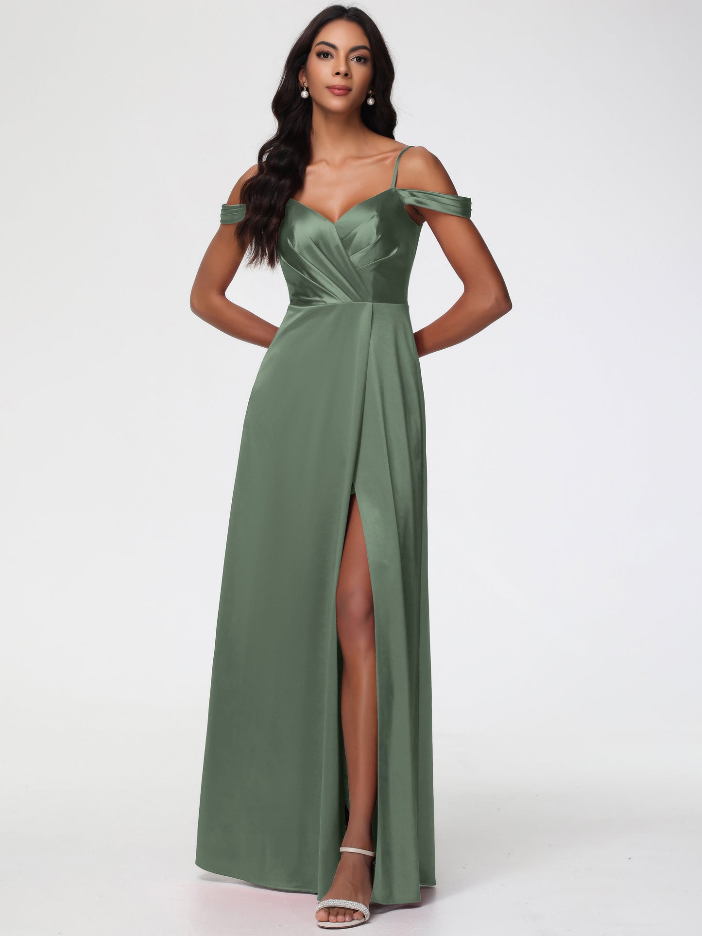 Olive Green Satin Bridesmaid Dresses A-Line V-Neck Off The Shoulder Long Stretch Satin Bridesmaid Dresses With Split