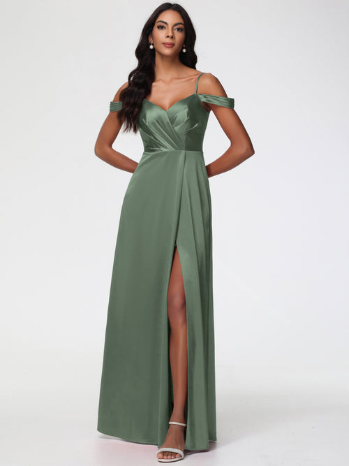 Olive Green Satin Bridesmaid Dresses A-Line V-Neck Off The Shoulder Long Stretch Satin Bridesmaid Dresses With Split