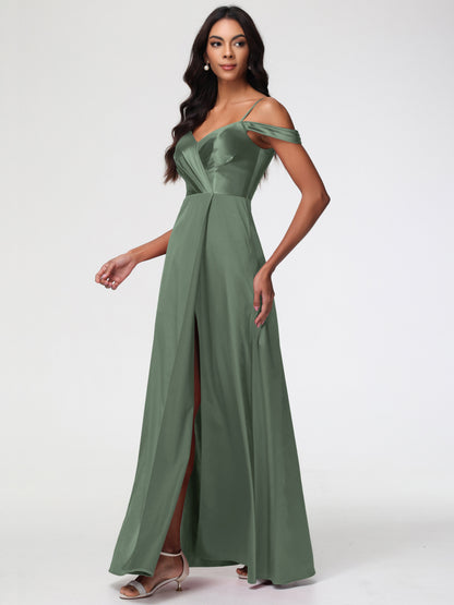 Olive Green Satin Bridesmaid Dresses A-Line V-Neck Off The Shoulder Long Stretch Satin Bridesmaid Dresses With Split