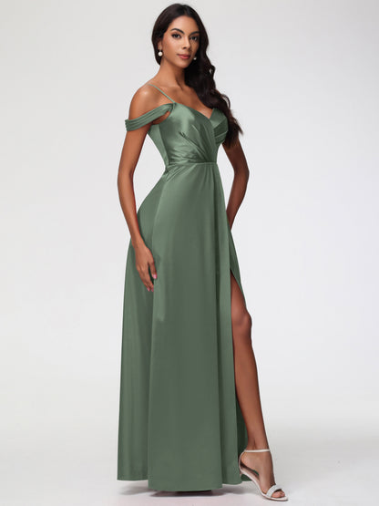 Olive Green Satin Bridesmaid Dresses A-Line V-Neck Off The Shoulder Long Stretch Satin Bridesmaid Dresses With Split