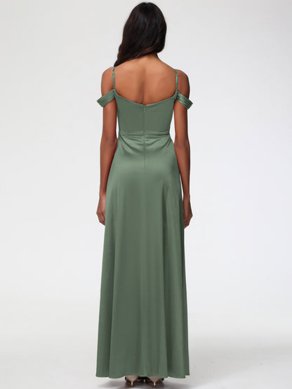 Olive Green Satin Bridesmaid Dresses A-Line V-Neck Off The Shoulder Long Stretch Satin Bridesmaid Dresses With Split