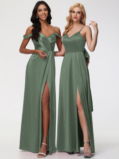 Olive Green Satin Bridesmaid Dresses A-Line V-Neck Off The Shoulder Long Stretch Satin Bridesmaid Dresses With Split
