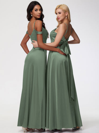 Olive Green Satin Bridesmaid Dresses A-Line V-Neck Off The Shoulder Long Stretch Satin Bridesmaid Dresses With Split