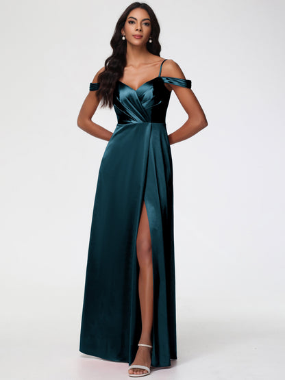Peacock Blue Bridesmaid Dress A-Line V-Neck Off The Shoulder Long Stretch Satin Bridesmaid Dresses With Split