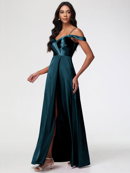 Peacock Blue Bridesmaid Dress A-Line V-Neck Off The Shoulder Long Stretch Satin Bridesmaid Dresses With Split
