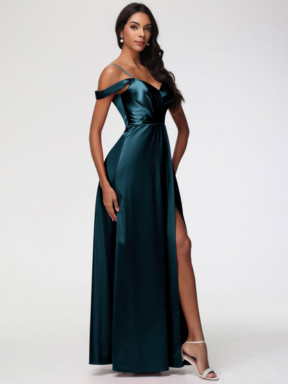 Peacock Blue Bridesmaid Dress A-Line V-Neck Off The Shoulder Long Stretch Satin Bridesmaid Dresses With Split