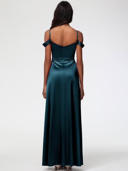 Peacock Blue Bridesmaid Dress A-Line V-Neck Off The Shoulder Long Stretch Satin Bridesmaid Dresses With Split