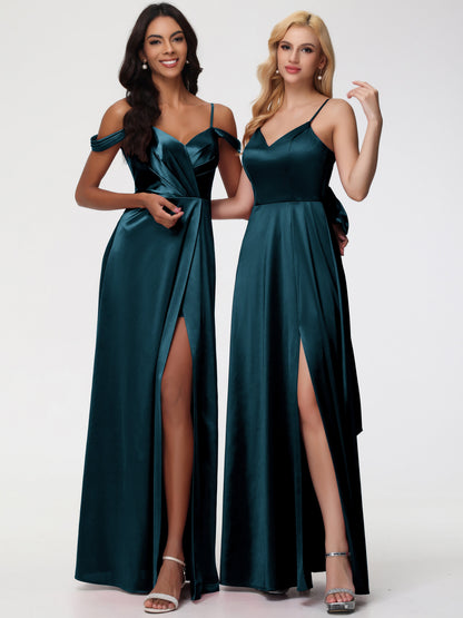Peacock Blue Bridesmaid Dress A-Line V-Neck Off The Shoulder Long Stretch Satin Bridesmaid Dresses With Split