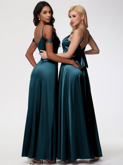 Peacock Blue Bridesmaid Dress A-Line V-Neck Off The Shoulder Long Stretch Satin Bridesmaid Dresses With Split