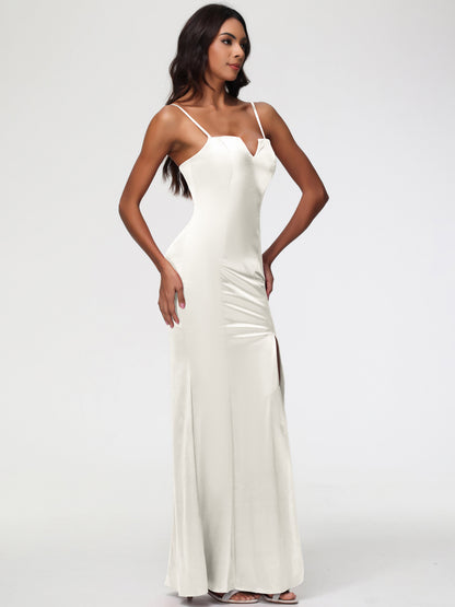 Ivory Bridesmaid Dress Spaghetti Straps Notched Sleeveless Long Stretch Satin Bridesmaid Dresses With Split