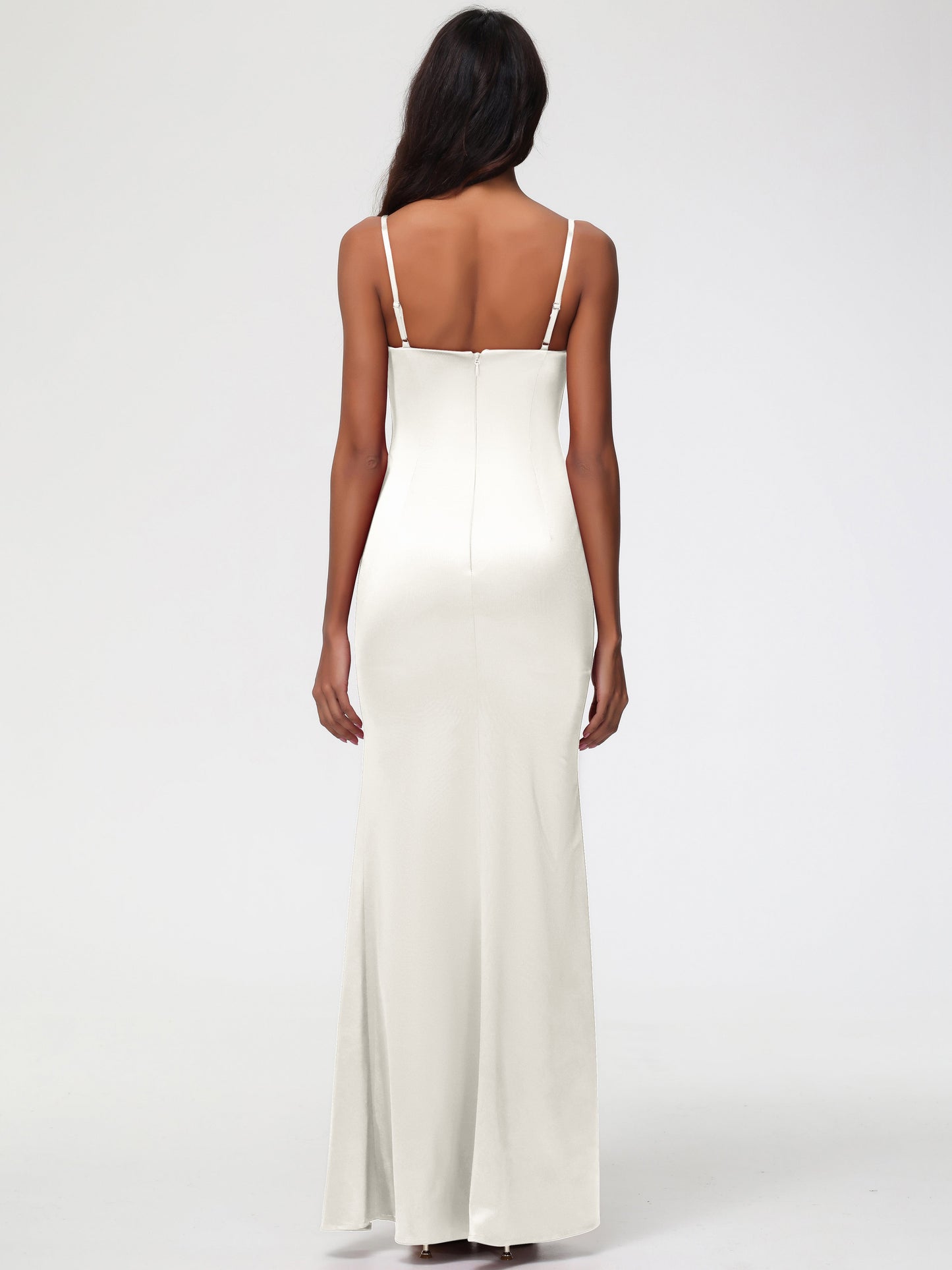 Ivory Bridesmaid Dress Spaghetti Straps Notched Sleeveless Long Stretch Satin Bridesmaid Dresses With Split