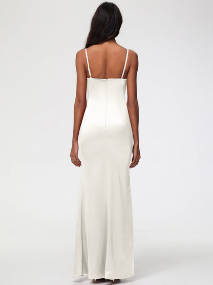 Ivory Bridesmaid Dress Spaghetti Straps Notched Sleeveless Long Stretch Satin Bridesmaid Dresses With Split