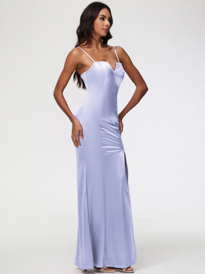 Lavender Bridesmaid Dress Spaghetti Straps Notched Sleeveless Long Stretch Satin Bridesmaid Dresses With Split