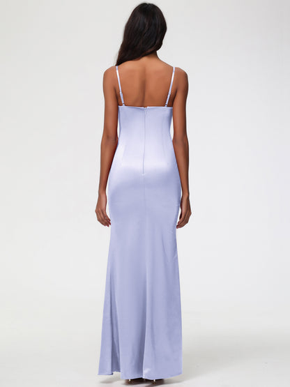 Lavender Bridesmaid Dress Spaghetti Straps Notched Sleeveless Long Stretch Satin Bridesmaid Dresses With Split