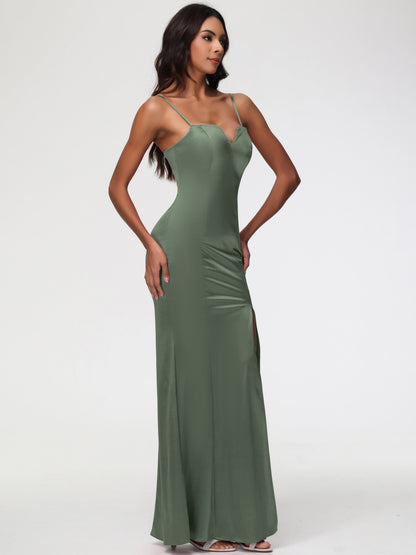 Olive Green Bridesmaid Dresses Spaghetti Straps Notched Sleeveless Long Stretch Satin Bridesmaid Dresses With Split