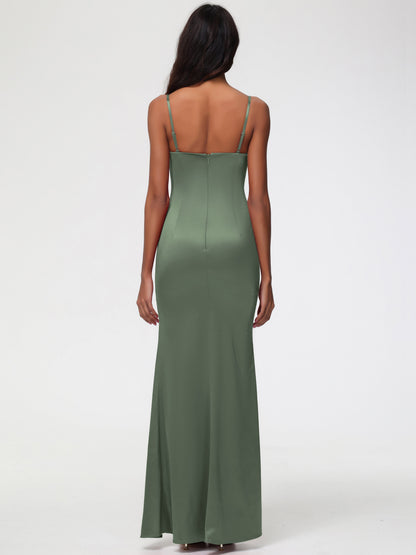 Olive Green Bridesmaid Dresses Spaghetti Straps Notched Sleeveless Long Stretch Satin Bridesmaid Dresses With Split