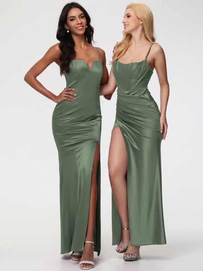 Olive Green Bridesmaid Dresses Spaghetti Straps Notched Sleeveless Long Stretch Satin Bridesmaid Dresses With Split