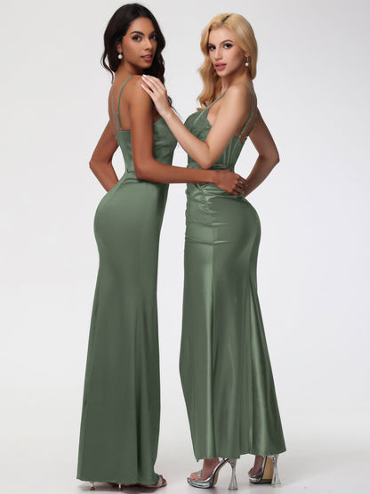 Olive Green Bridesmaid Dresses Spaghetti Straps Notched Sleeveless Long Stretch Satin Bridesmaid Dresses With Split
