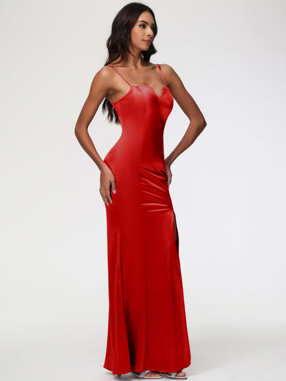 Red Satin Bridesmaid Dresses Spaghetti Straps Notched Sleeveless Long Stretch Satin Bridesmaid Dresses With Split