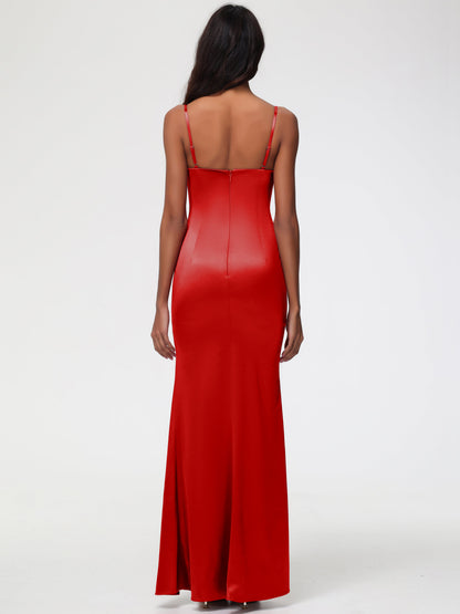 Red Satin Bridesmaid Dresses Spaghetti Straps Notched Sleeveless Long Stretch Satin Bridesmaid Dresses With Split