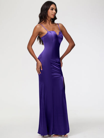 Regency Purple Bridesmaid Dress Spaghetti Straps Notched Sleeveless Long Stretch Satin Bridesmaid Dresses With Split