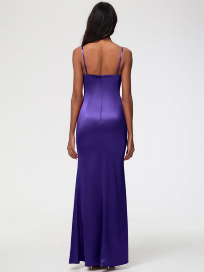 Regency Purple Bridesmaid Dress Spaghetti Straps Notched Sleeveless Long Stretch Satin Bridesmaid Dresses With Split